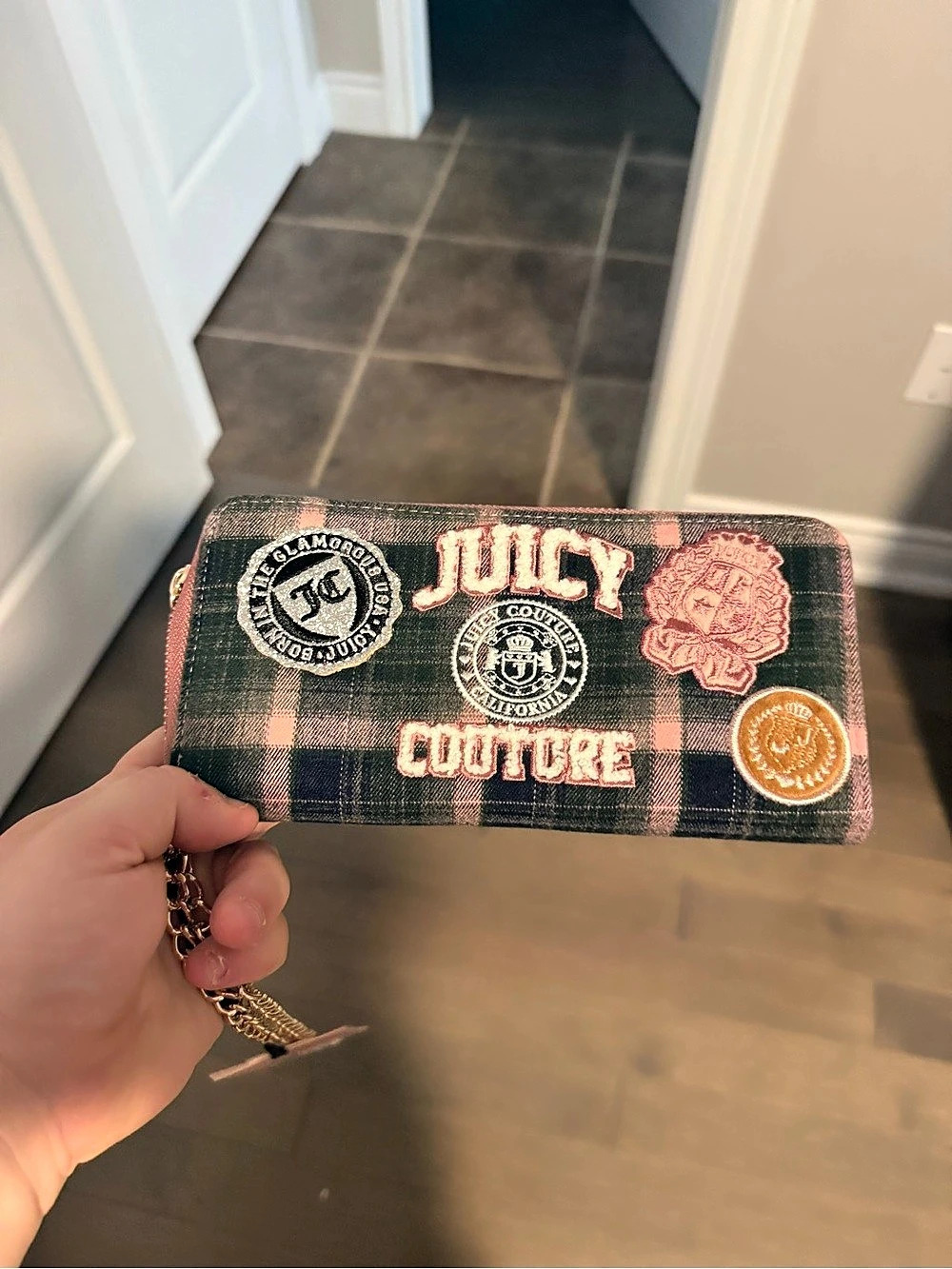 Juicy Couture Plaid Wristlet Wallet in Pink & Black
